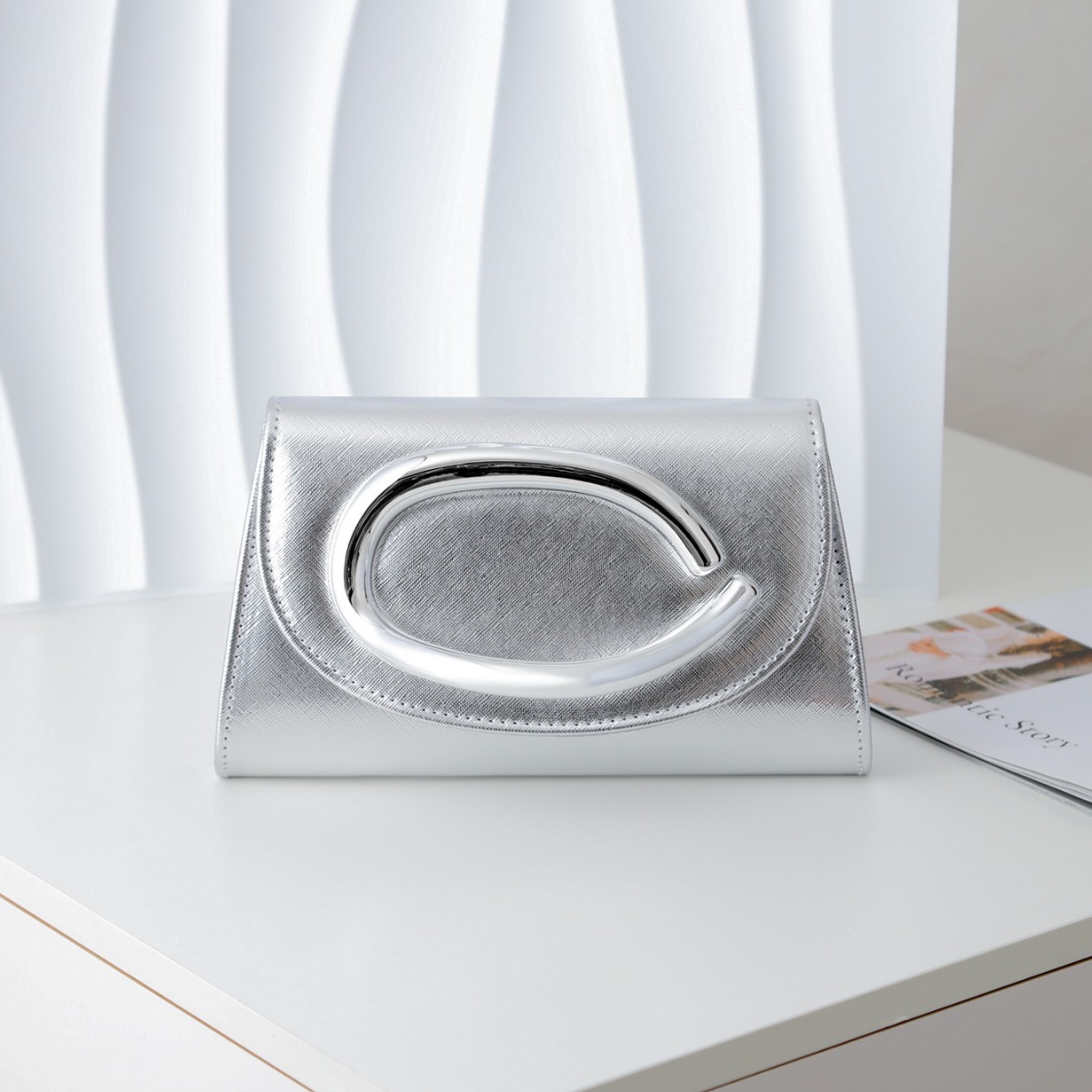 Textured silver PU hand-held d - Women Handheld Bags review and price